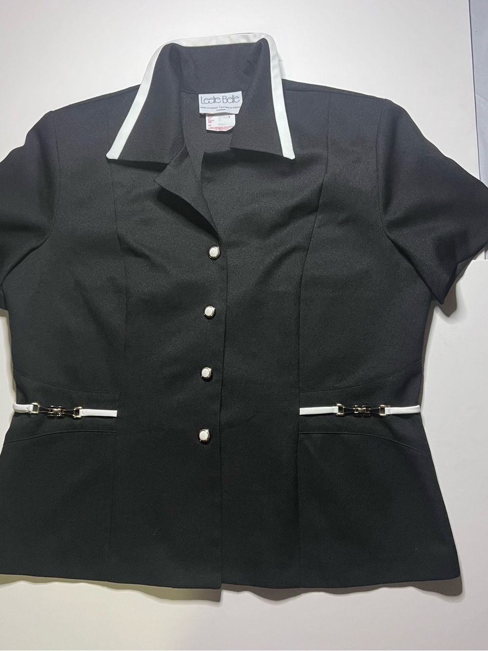 Vintage Women's Black Short-Sleeve Suit Jacket with White Trim
